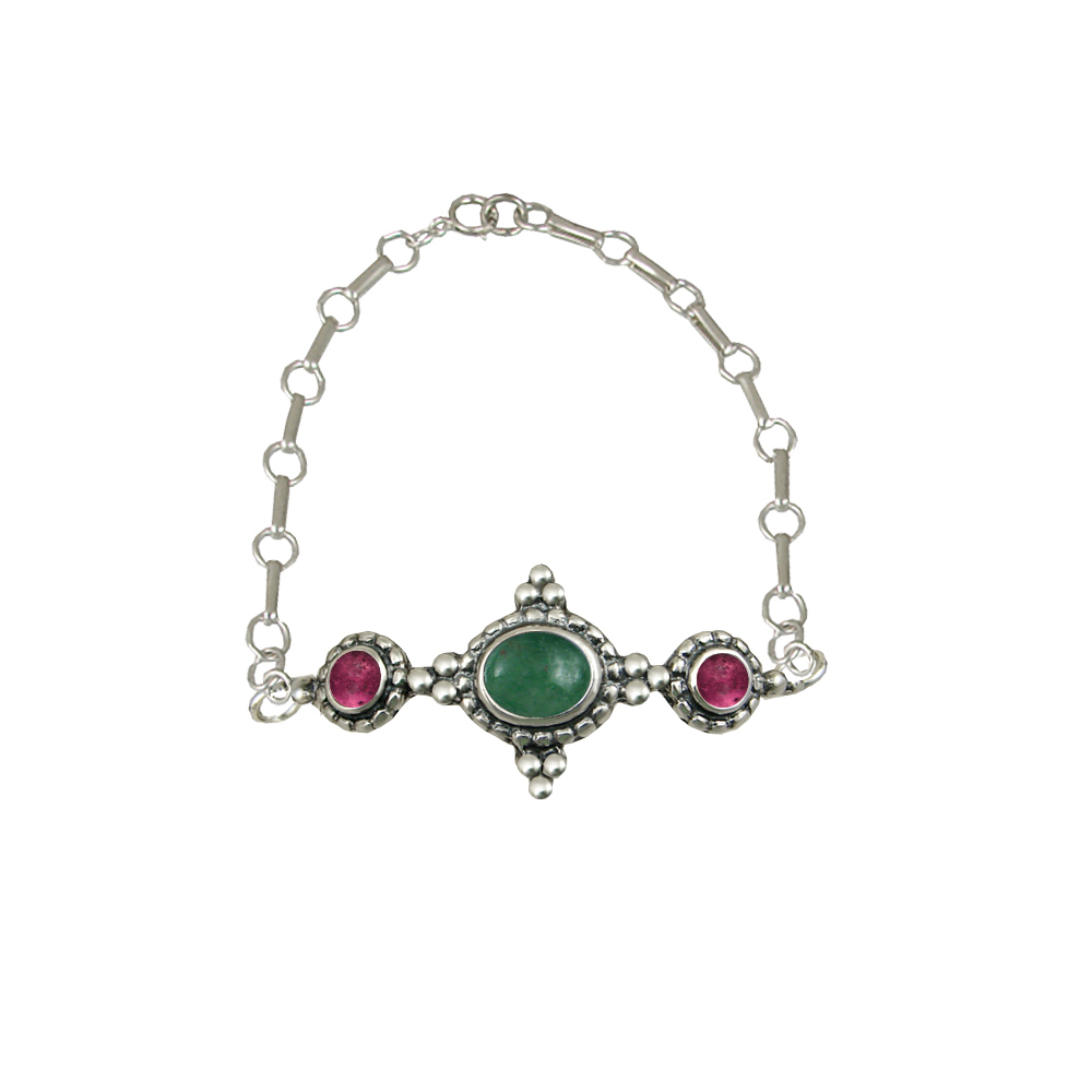 Sterling Silver Gemstone Adjustable Chain Bracelet With Jade And Pink Tourmaline